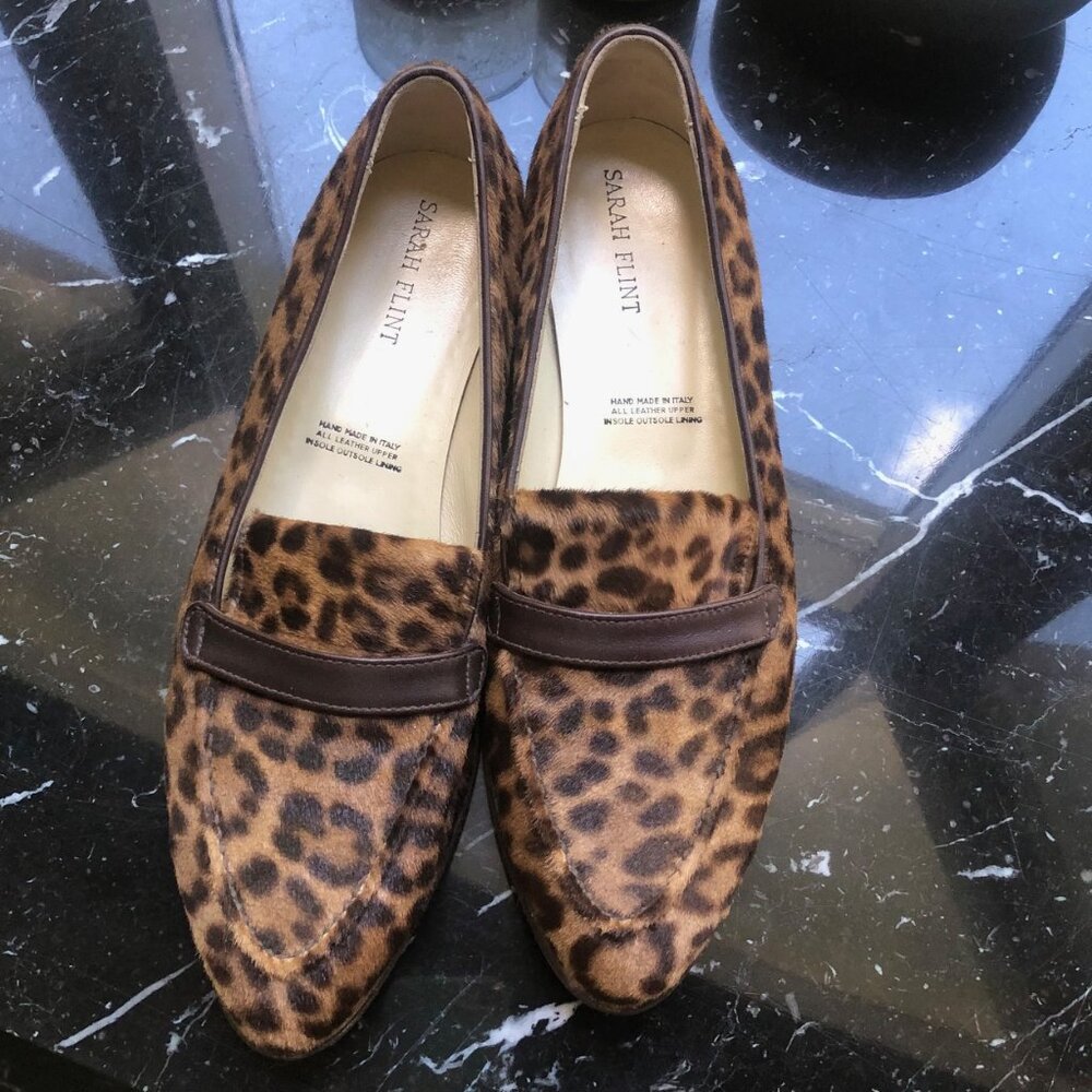 Sarah Flint Chocolate Leopard Calf Print Loafers Size 39